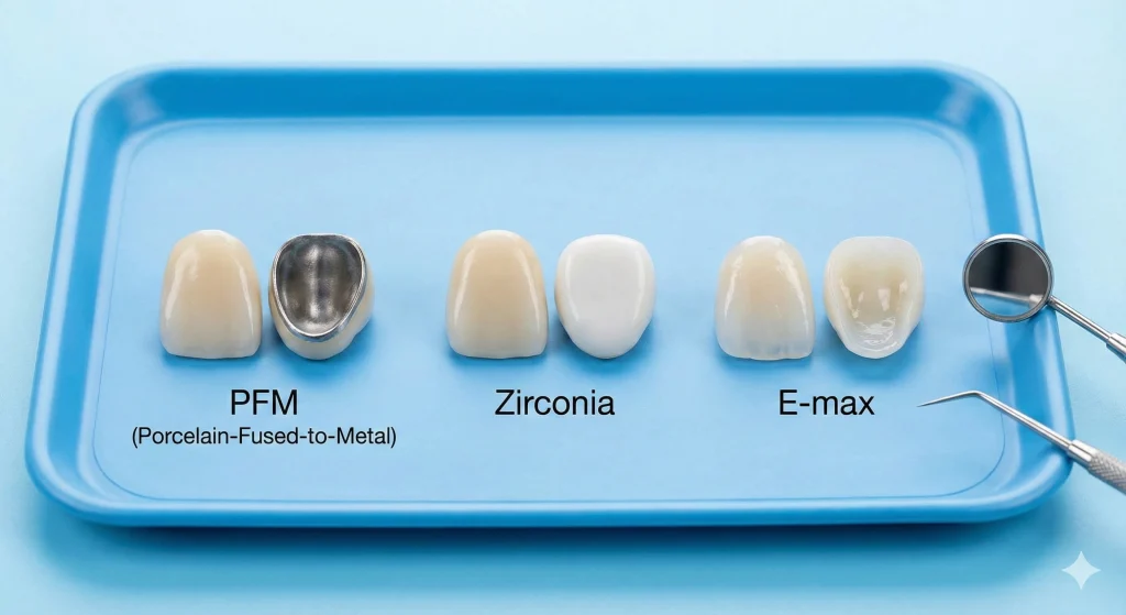 Dental Crown or Dental Cap Types like Porcelain-Fused-to-Metal, Zirconia Crown, E-max