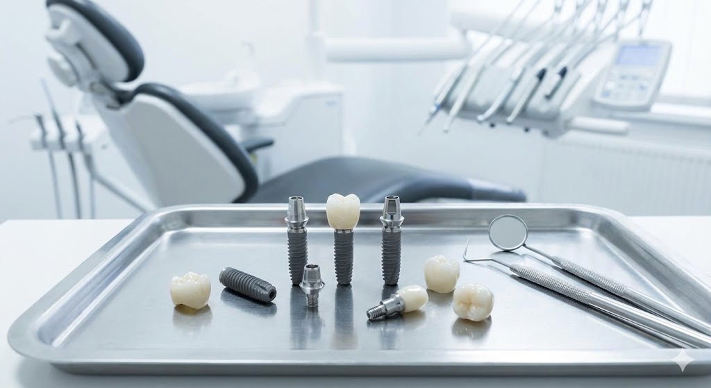 A close-up photograph of various dental implant components, including titanium fixtures, abutments, and ceramic crowns, arranged on a metal tray with dental tools in a clinic setting.