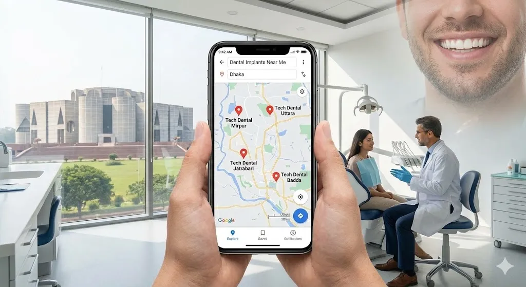 A person holding a smartphone displaying a map with Tech Dental clinic locations in Dhaka, featuring a modern dental surgery background and showing dental implants near me