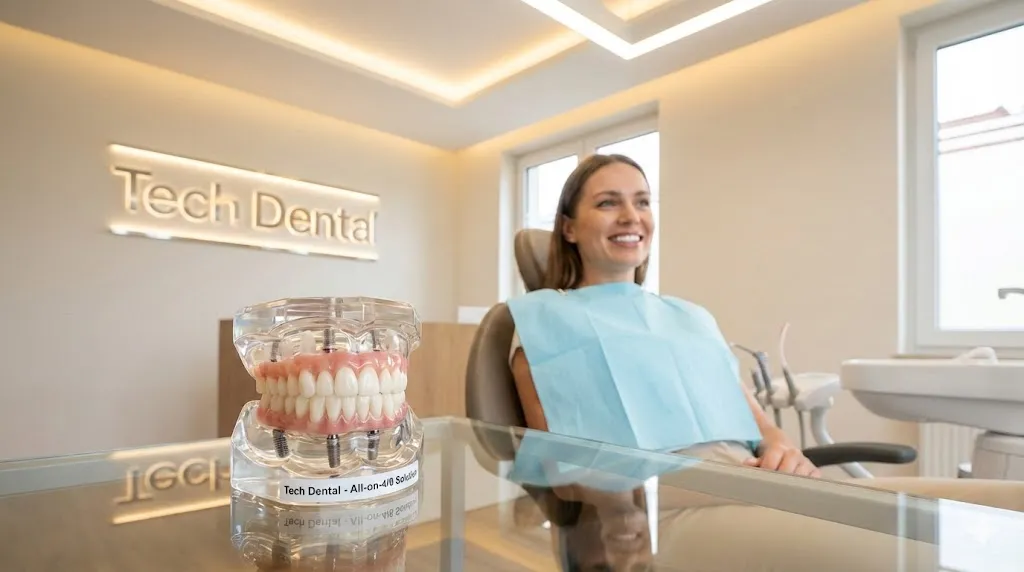 3D full mouth dental implant model for All-on-4 procedure on a glass table at Tech Dental clinic with a smiling patient.
