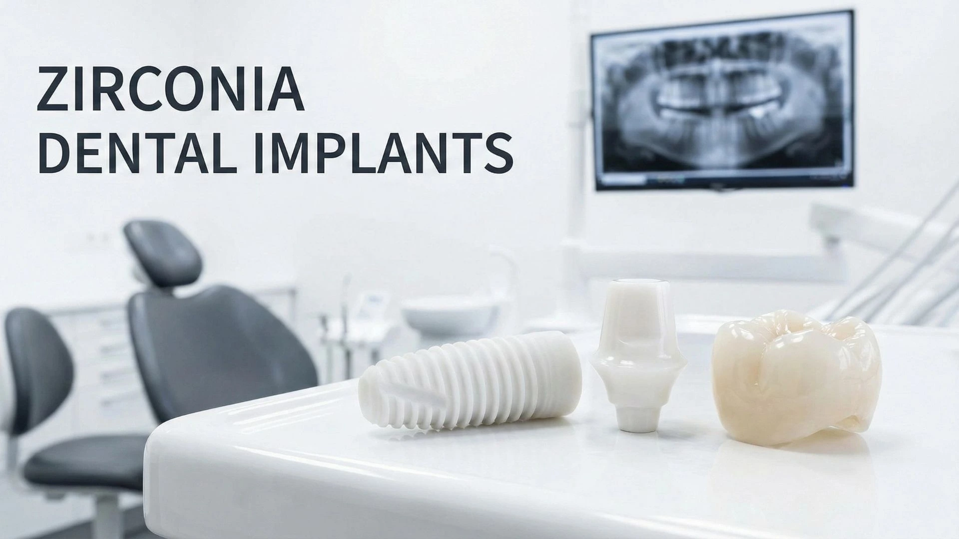Display of metal-free Zirconia dental implant parts in a clinic setting, with the text 'ZIRCONIA DENTAL IMPLANTS'
