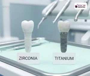 A side-by-side comparison of a white ceramic zirconia dental implant and a gray metal titanium dental implant displayed on a clinical tray with labels.