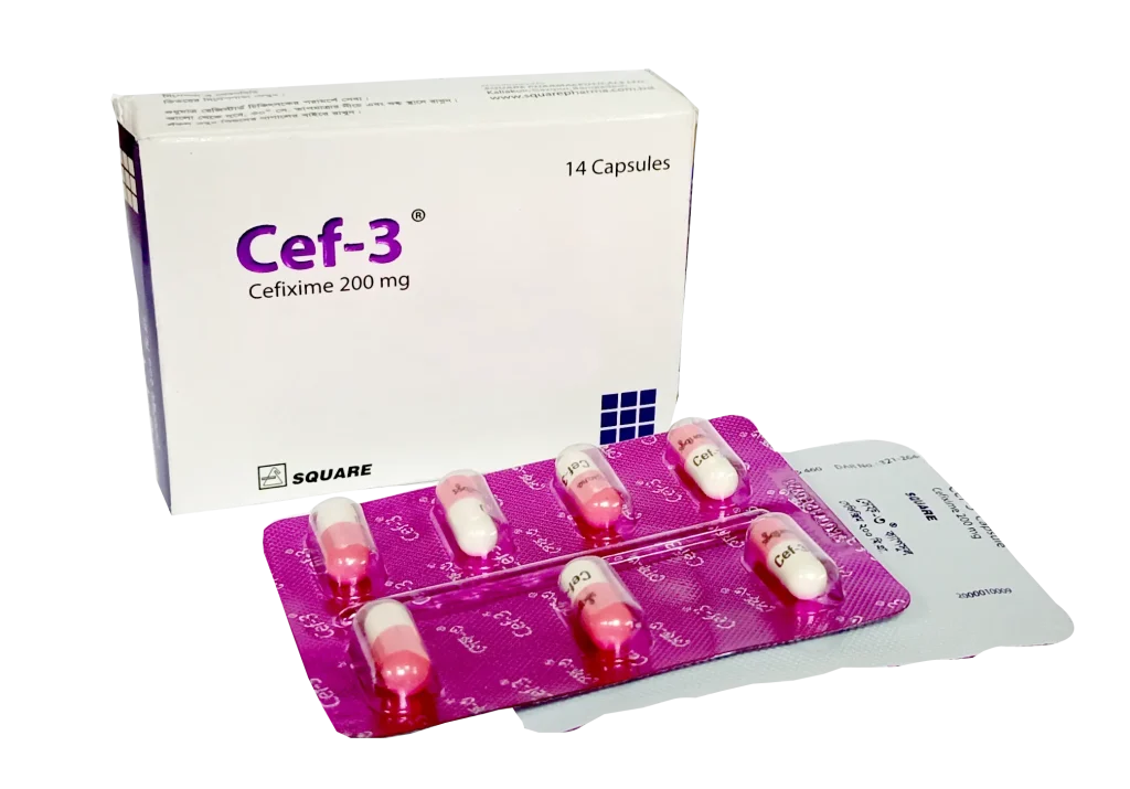 A box of Cef-3 200 mg capsules next to a blister pack showing pink and white antibiotic capsules.