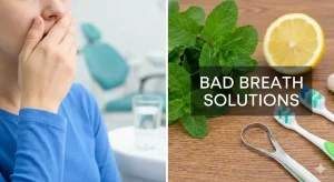 A split image showing a person checking their breath in a dental office and a collection of bad breath solutions including mint, lemon, toothbrushes, and a tongue scraper.