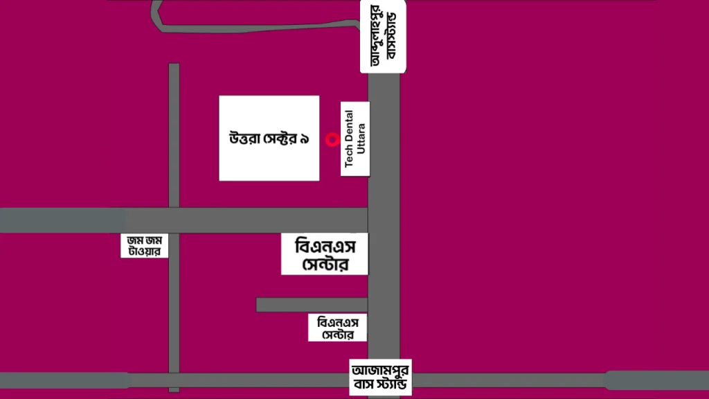 Route map to best dental in Uttara: Tech Dental clinic located at Sector 9, between Azampur and Abdullahpur Bus Stand.