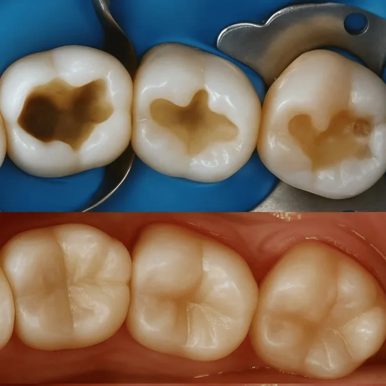 Before and after comparison of dental cavity restoration using tooth-colored composite fillings at a leading dental clinic in Badda.