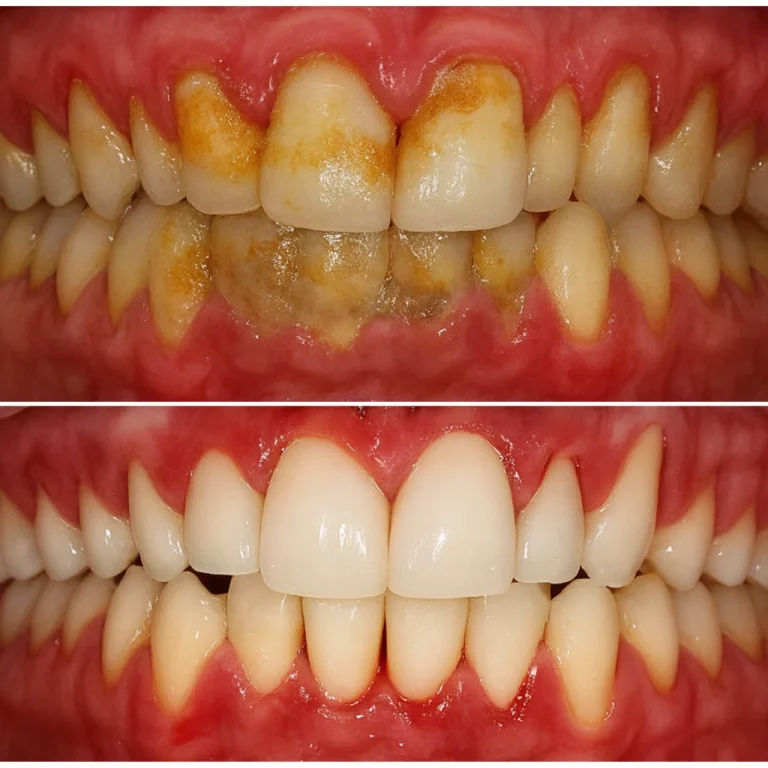 A clinical side-by-side comparison of a full-mouth scaling and polishing procedure. The 'Before' photo shows heavy supra-gingival calculus, yellow plaque accumulation, and signs of gingival inflammation. The 'After' photo demonstrates restored gingival health and clean enamel surfaces following treatment by Dr. Rukaiya Akter at Tech Dental, Uttara