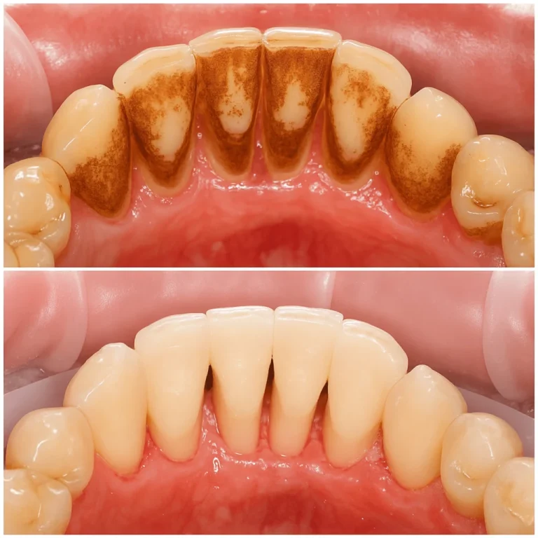 Before and after deep cleaning and calculus removal (inner lower teeth surfaces), performed by Dr. Sanjida Farabi at Tech Dental, the best dentist in Badda.