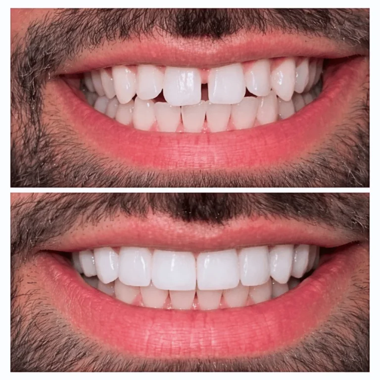 Before and after results of a diastema closure treatment showing a gap between front teeth fixed at the dentist in Badda.