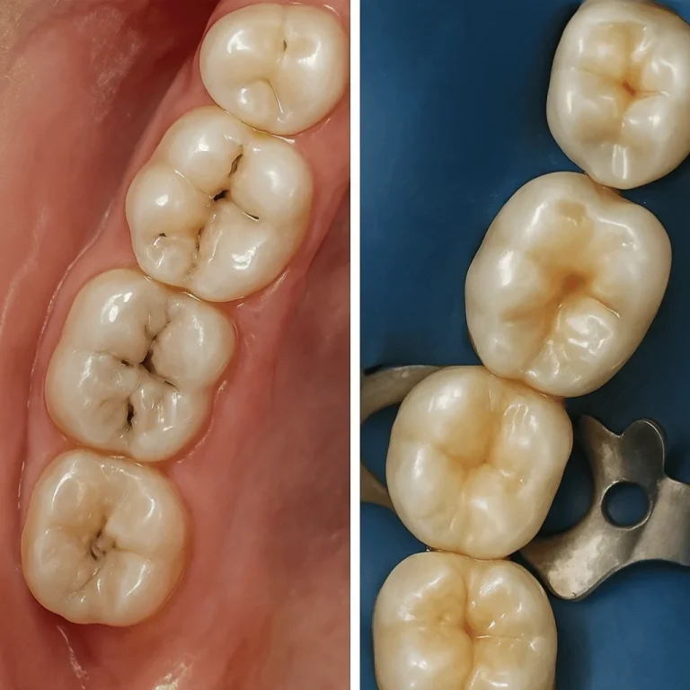 Before and after results of posterior composite bonding and natural-looking fillings for molars, performed by Dr. Reshma Islam at Tech Dental, the best dentist in Badda.