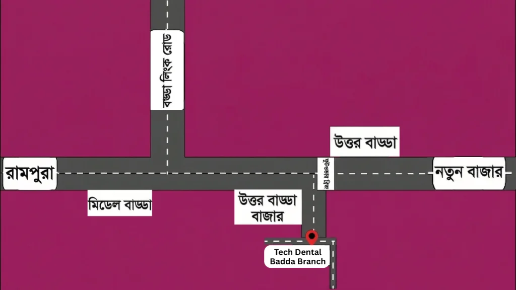 Location map for Tech Dental Badda Branch, the best Dental Clinic in Badda. Situated at Hazi Abdur Rashid Mansion, Uttar Badda Bazar. Providing easy access for patients in Gulshan, Banani, Rampura, Aftabnagar, Kuril, Notun Bazar, and Bashundhara R/A.