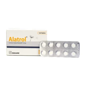A front-facing view of a white Alatrol 10 mg medicine box by Square Pharmaceuticals, with a single transparent silver blister pack containing ten round white tablets placed next to it.