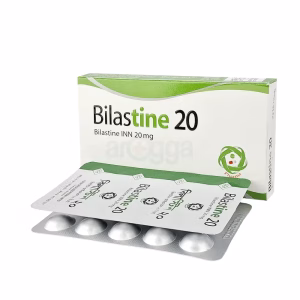 A white and green commercial box of Bilastine 20 mg tablets with two aluminum blister strips resting in the foreground against a plain white background.