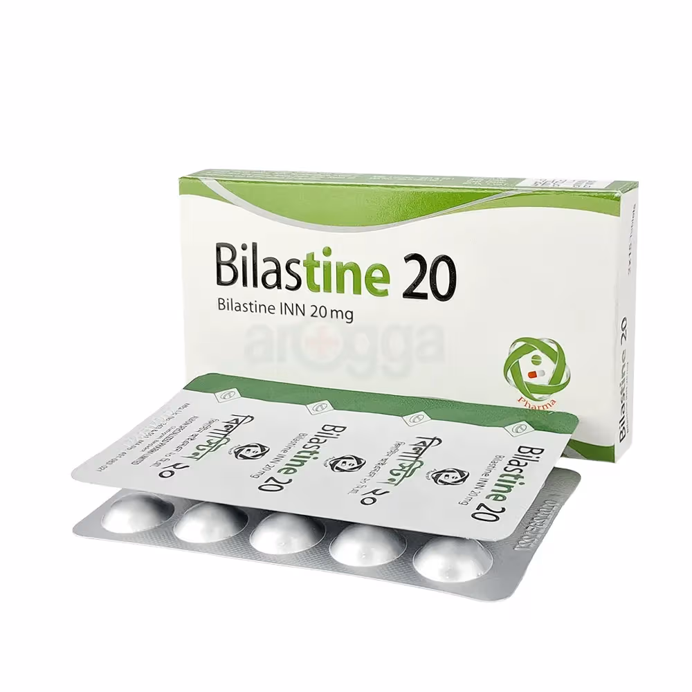 A white and green commercial box of Bilastine 20 mg tablets with two aluminum blister strips resting in the foreground against a plain white background.