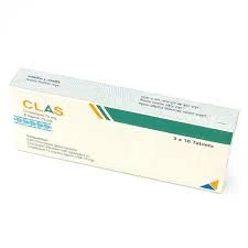 A straight, front-facing view of a white pharmaceutical carton for CLAS tablets, showing the text "Clopidogrel 75 mg & Aspirin 75 mg" and a dark green accent stripe across the top.