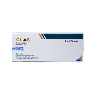 An angled, isometric view of the white and green CLAS medicine box, displaying the top and side panels showing information for Clopidogrel and Aspirin.