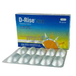 A D-Rise 40000 prescription box standing upright behind a silver aluminum blister pack containing ten capsules against a plain white background.