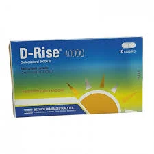 A front-facing view of a blue, green, and yellow box for D-Rise 40000 capsules by Beximco Pharmaceuticals, featuring an illustration of a rising sun at the bottom.