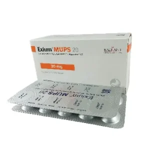 An angled view of a white Exium MUPS 20 prescription box by Radiant Pharmaceuticals, positioned behind a metallic silver tablet blister strip on a white background.
