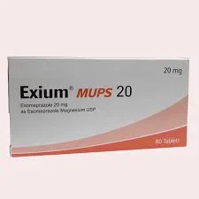 A close-up, front-facing view of a white rectangular carton for Exium MUPS 20 tablets, featuring a curved orange design and text indicating it contains Esomeprazole 20 mg.