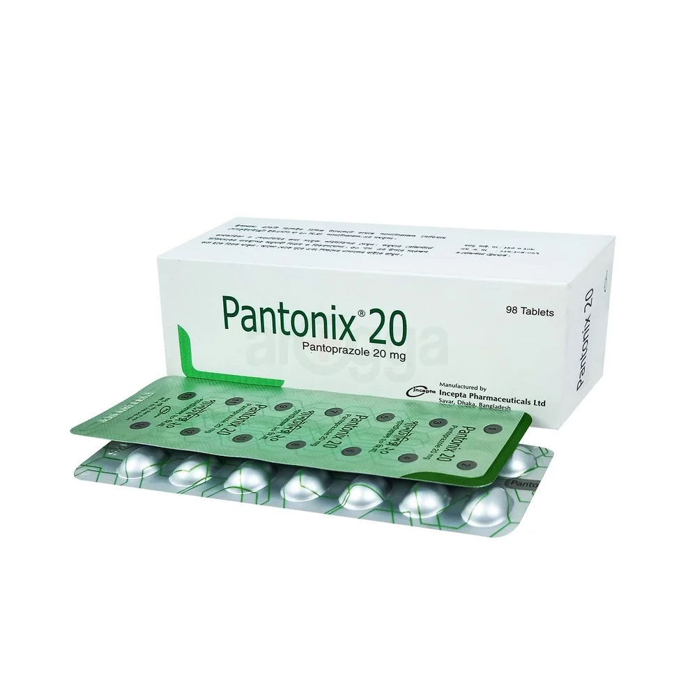 A white commercial box of Pantonix 20 by Incepta Pharmaceuticals, positioned behind two stacked aluminum blister strips showing green printed graphics and silver pockets.