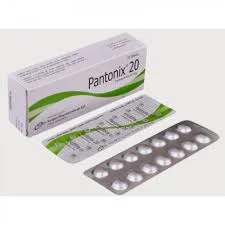 An angled view of a white commercial carton for Pantonix 20 tablets alongside two blister packs—one displaying the printed green and silver backing and the other showing the rounded silver tablet pockets.