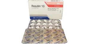 A box of Rosutin 10 tablets displayed with its silver foil blister packs laid out in front.