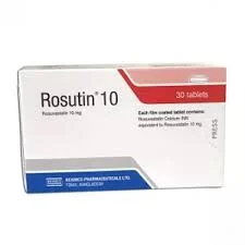 A front-facing view of a white box of Rosutin 10 mg tablets featuring red and blue accents.