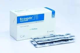 A white and blue cardboard box of Ecosprin 75 tablets standing on a white surface with two silver tablet strips lying down to its right side.