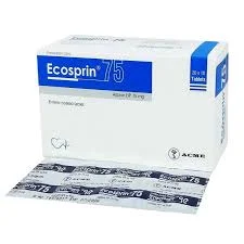 A front-facing view of a white Ecosprin 75 box by ACME laboratories, with a single printed silver tablet strip placed flat directly in front of it.