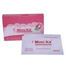 A pink and white cardboard box of Mimi Kit text sitting upright behind its white paper sachet, both displaying the red product name and a stylized female icon.