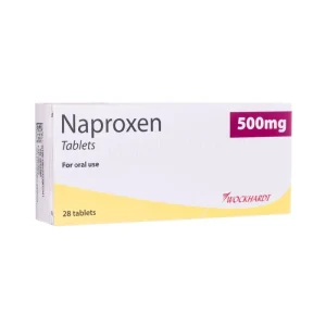 A white cardboard box of Naproxen 500mg tablets manufactured by Wockhardt, featuring a yellow curved design along the bottom edge and purple branding accents on a clean white background.