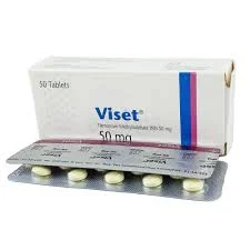 A front-facing shot of a white Viset 50 mg tablet box with blue and pink accent lines, placed behind a single silver blister pack displaying a row of round tablets.